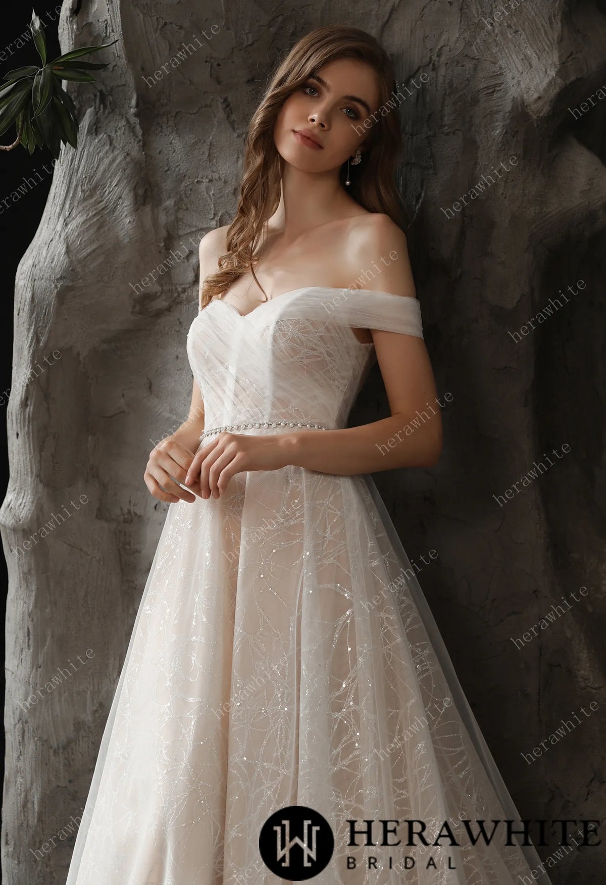 Shimmer Off-the-shoulder Neckline A-line Tulle Wedding Dress
