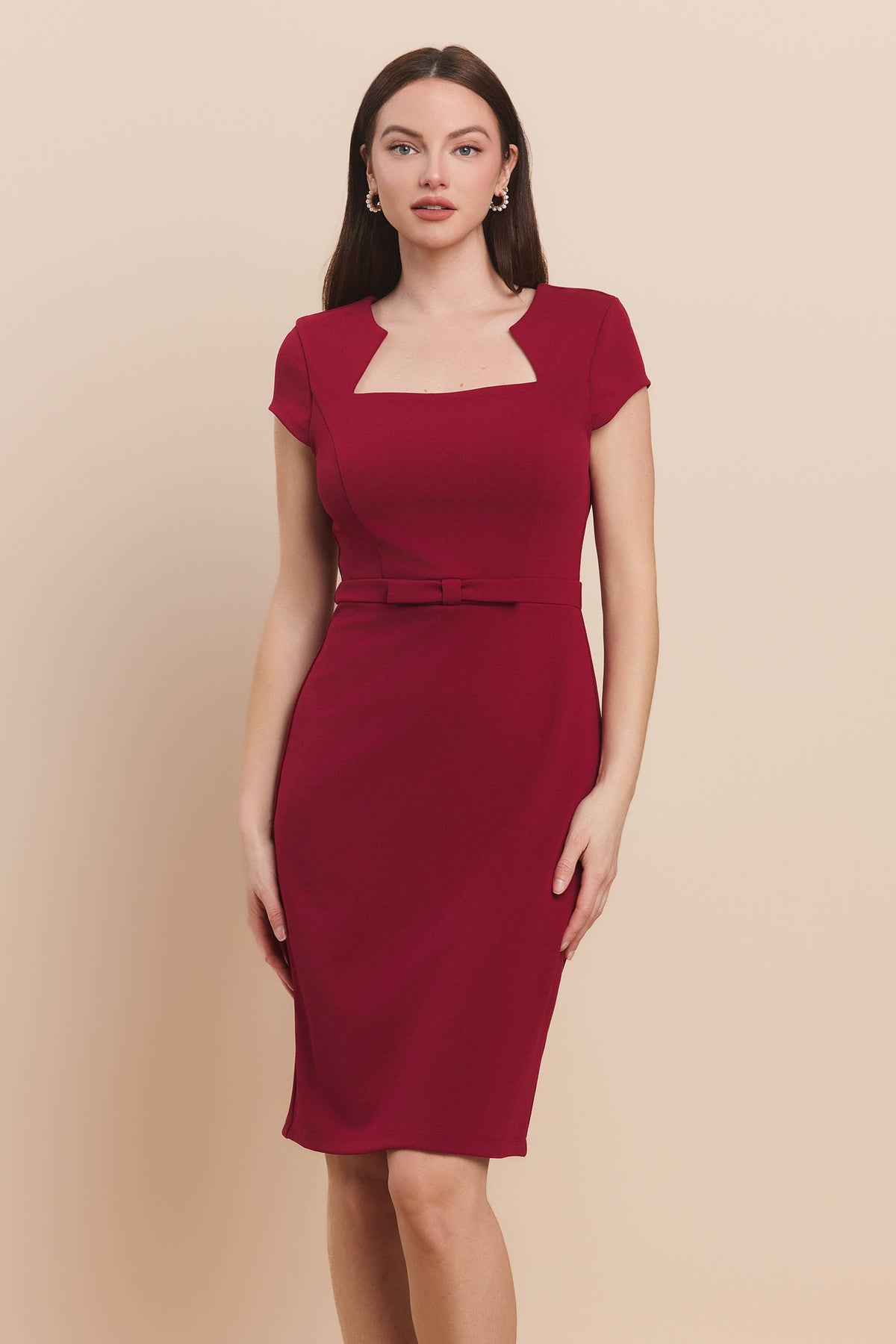 17557 Square neck ribbon waist slim scuba mini dress