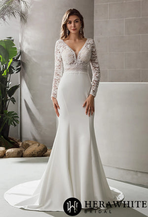 Long Sleeve Plunging V-neck Crepe Wedding Dress
