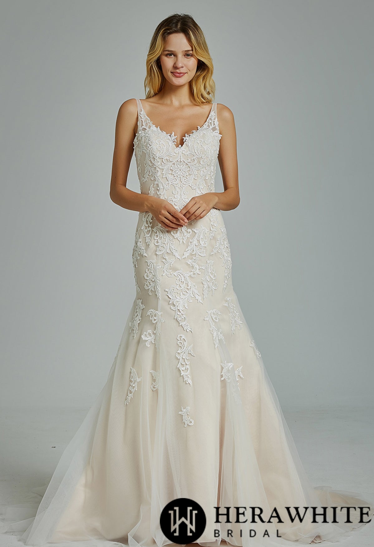 Gorgeous Appliques  V Neck Fit& Flare Wedding Gown