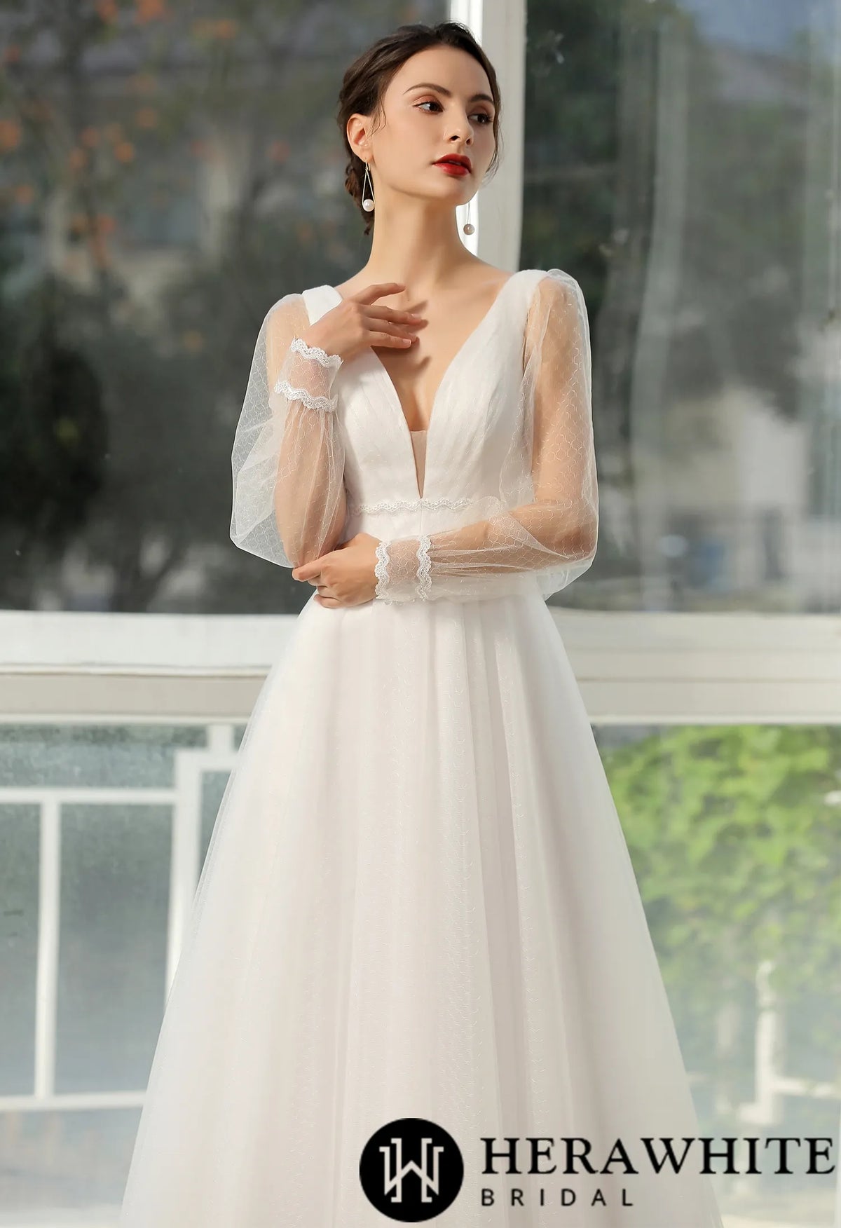 Bishop long Sleeve  Ruched Illusion V-neckline Bridal Gown