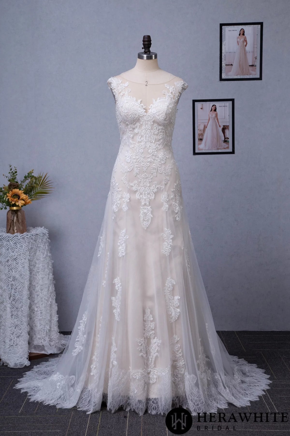Stunning Illusion Lace Bateau Neckline With Cap Sleeve Wedding Gown