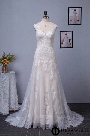 Stunning Illusion Lace Bateau Neckline With Cap Sleeve Wedding Gown