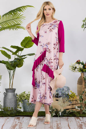 PLUS SIZE FLORAL CONTRAST MID-DRESS WITH RUFFLES -CD43841C-P