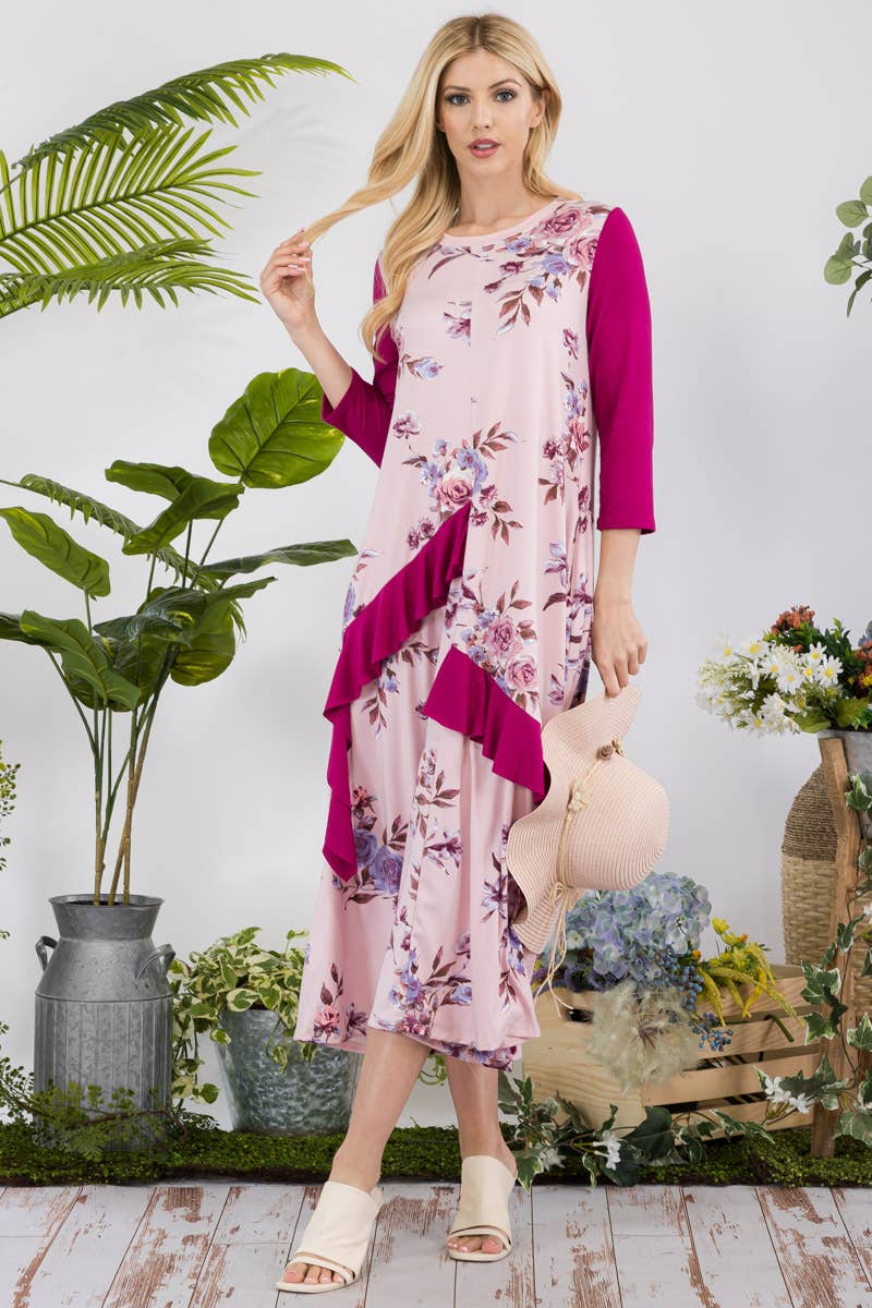 PLUS SIZE FLORAL CONTRAST MID-DRESS WITH RUFFLES -CD43841C-P