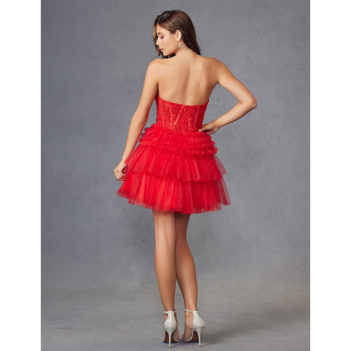 STRAPLESS COCKTAIL GOWN WITH LEAF LACE CORSET BODICE AND RUF