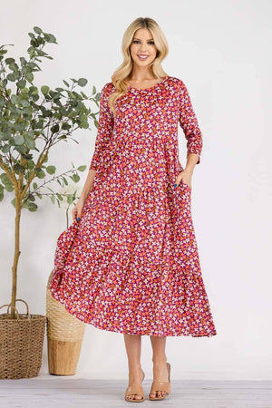 MAGENTA FLORAL TIERED MIDI-DRESS MISSY & PLUS SIZE -CD43848E