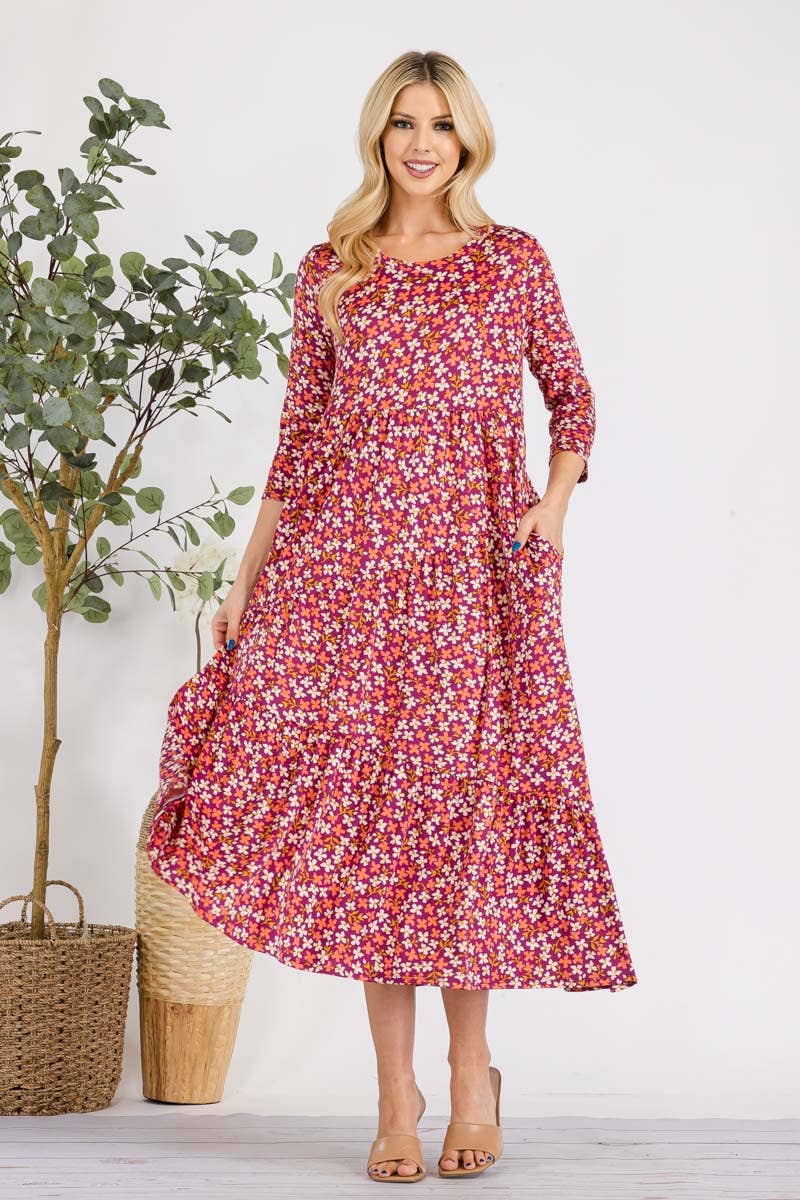 MAGENTA FLORAL TIERED MIDI-DRESS MISSY & PLUS SIZE -CD43848E