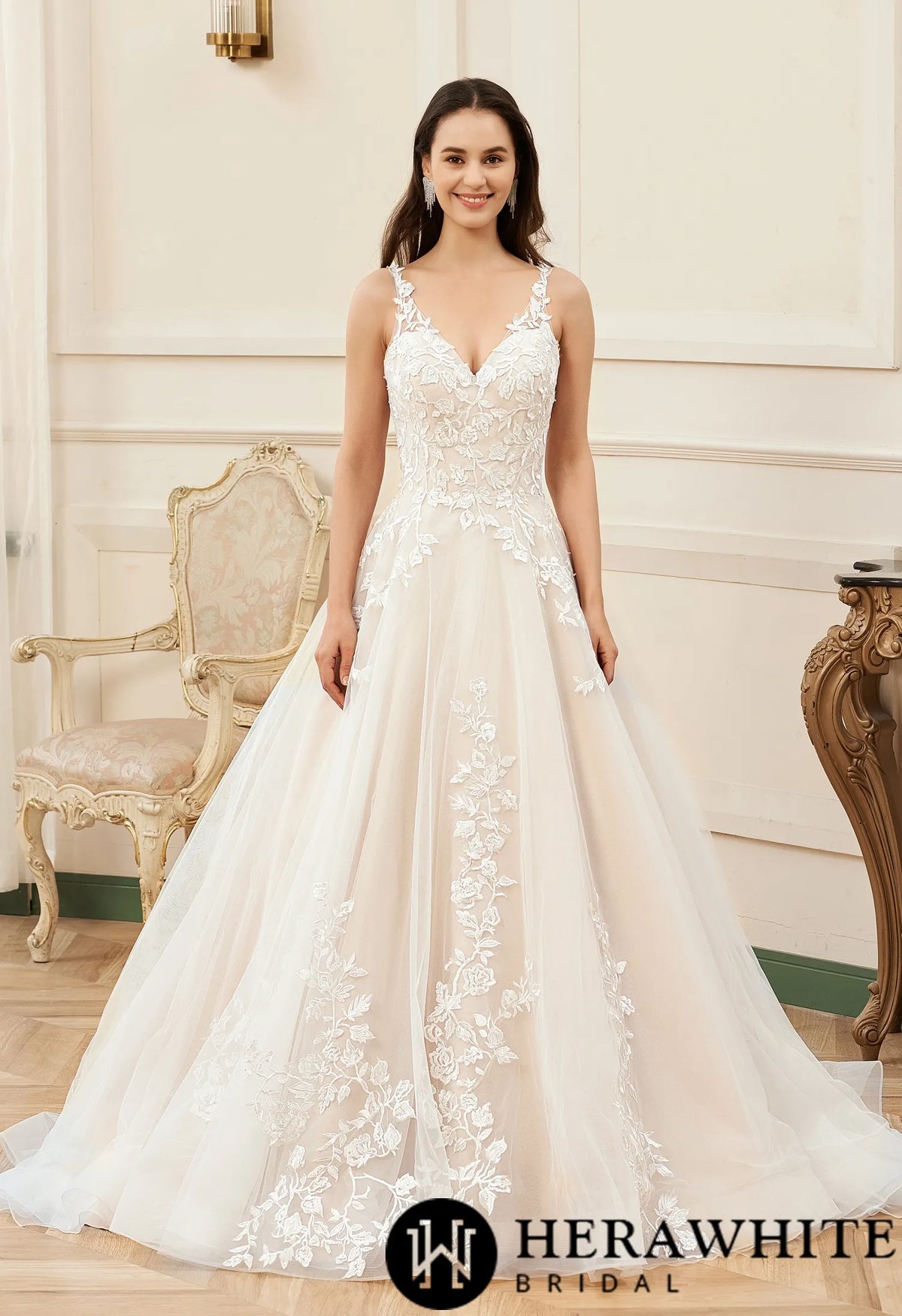Pink Nude A-Line Floral Details With Illusion Straps Wedding Dress