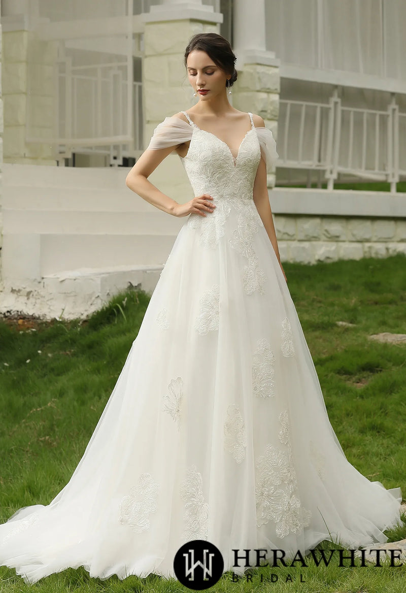 Romantic Glittery  Lace Bridal Gown With Detachable Straps