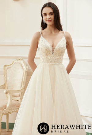 Champagne Romantic Spaghetti Straps  A-Line Wedding Dress