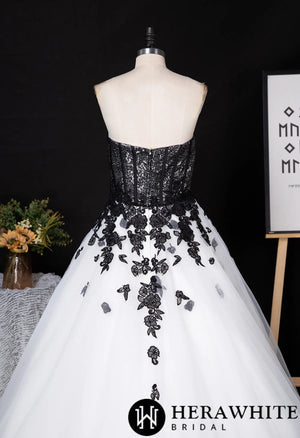 Sweetheart Sequin Ballgown With Black Floral Motifs
