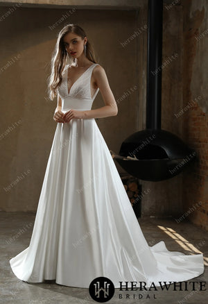 Timeless Satin V-neck Bridal Gown with Chapel Train