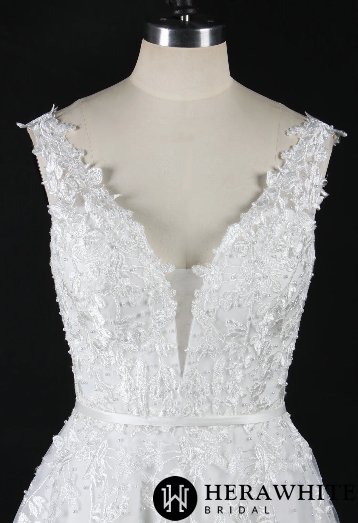 Plunging V-Neck Beaded Lace Wedding Dress
