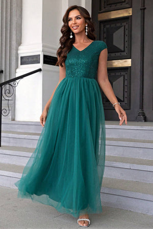 Sequin V-Neck Mesh Maxi Dress: Navy / XS