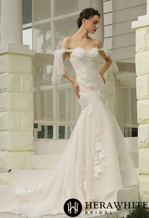 Floral Lace Mermaid Bridal Gown With  Detachable Tulle Straps