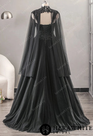 Relaxed A-Line Black Wedding Dress With Detachable Cape