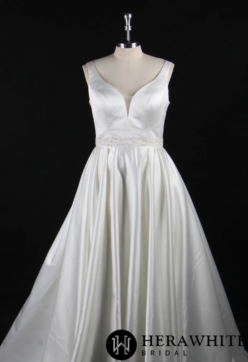 Classic V-Neck Wedding Dress With Princess Silhouette and Beaded Belt
