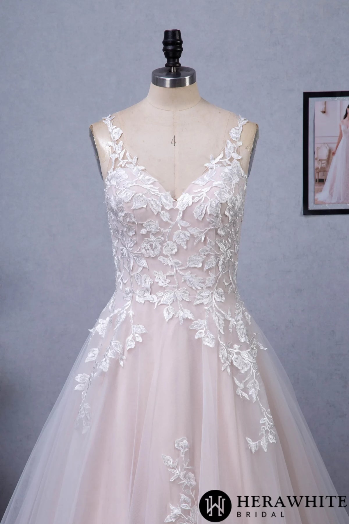 Pink Nude A-Line Floral Details With Illusion Straps Wedding Dress