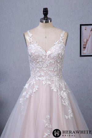 Pink Nude A-Line Floral Details With Illusion Straps Wedding Dress