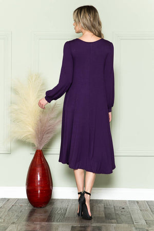 Bishop Sleeve Midi Dress: EGGPLANT / L