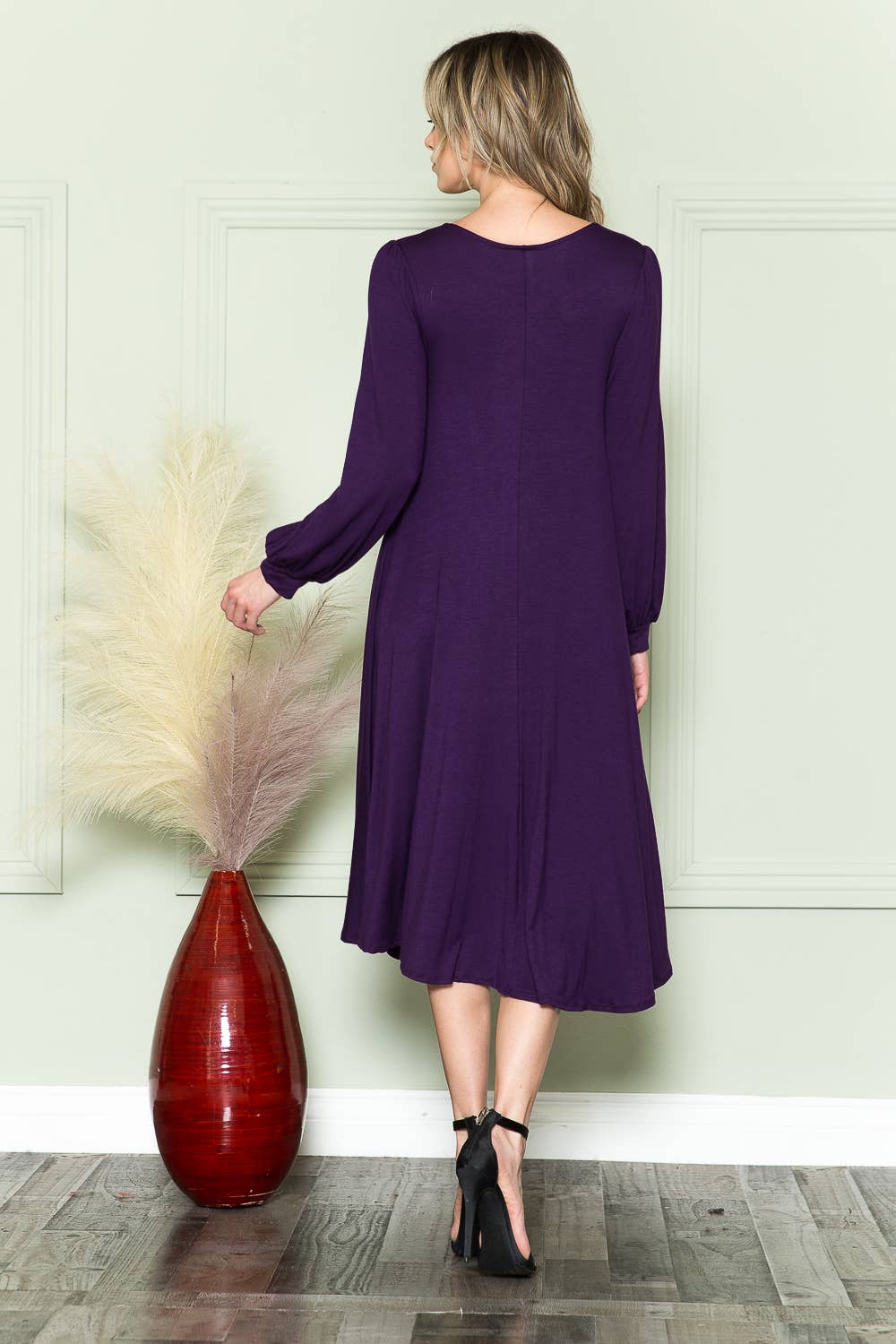 Bishop Sleeve Midi Dress: EGGPLANT / M