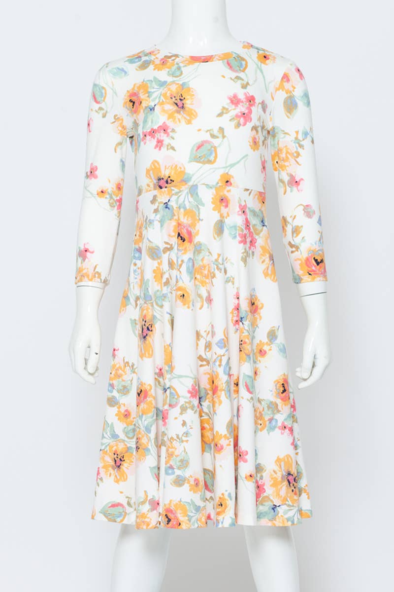 Girl's Princess Seam A-Line Dress with Full Skirt: MUSTARD FLORAL / L (9/10Y)