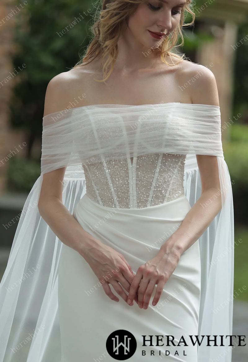 Plunging V-neck Beaded Crepe Fit And Flare Wedding Dress