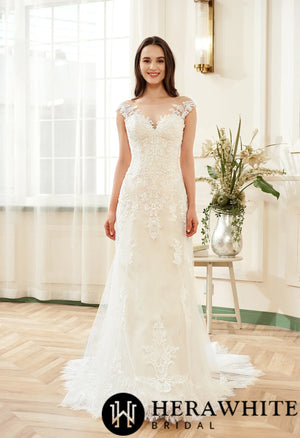 Stunning Illusion Lace Bateau Neckline With Cap Sleeve Wedding Gown