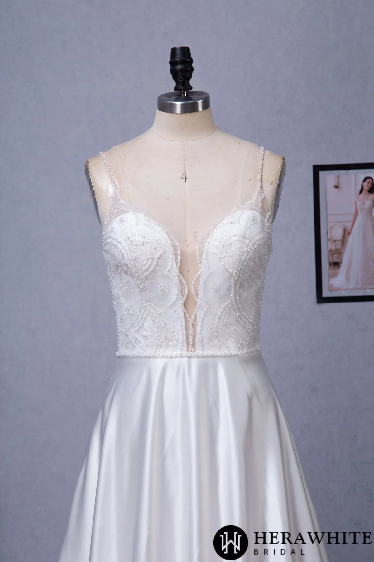 Beaded Deep V-neckline Satin A-Line Pockets Wedding Dress