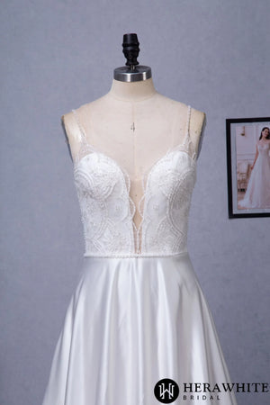 Beaded Deep V-neckline Satin A-Line Pockets Wedding Dress