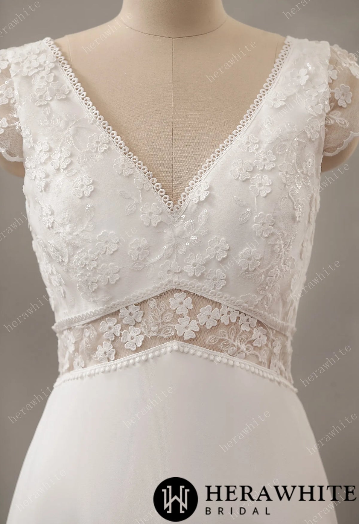 Illusion Floral Lace Wedding Dress with Chiffon Skirt