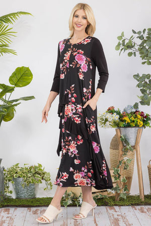 PLUS SIZE FLORAL CONTRAST MID-DRESS WITH RUFFLES -CD43841C-P