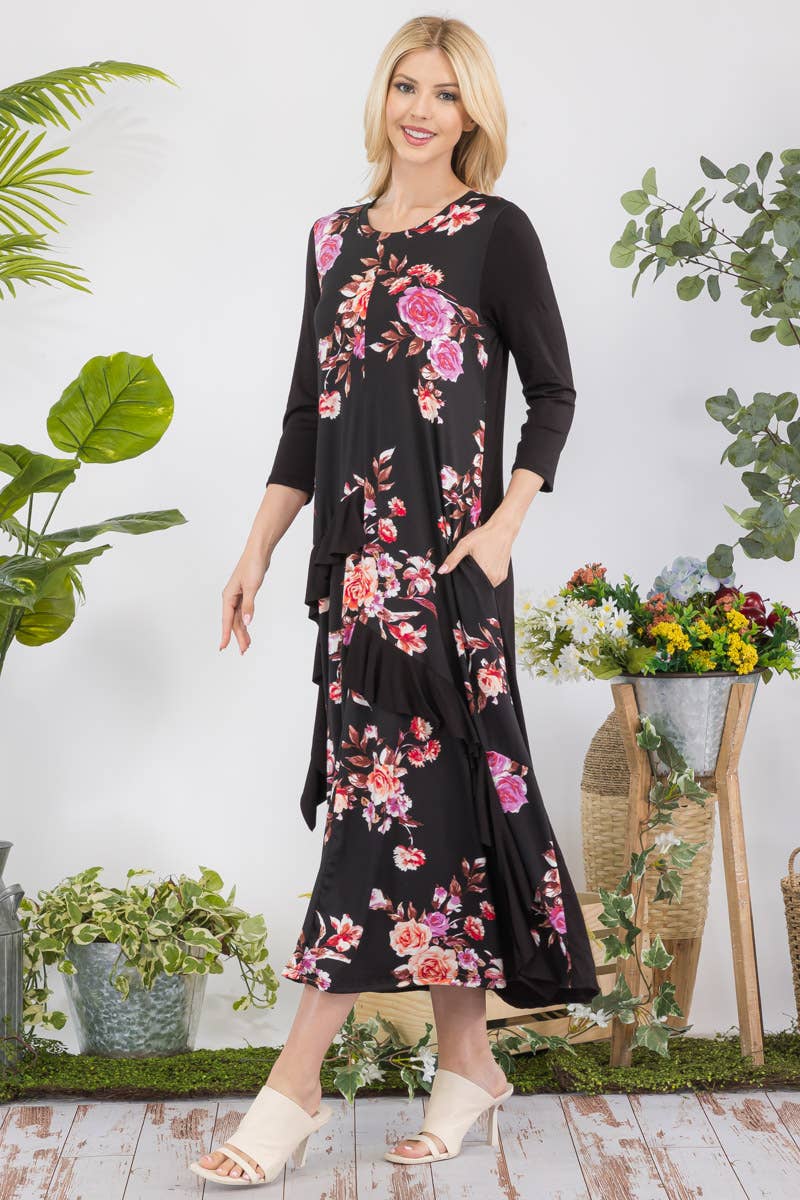 PLUS SIZE FLORAL CONTRAST MID-DRESS WITH RUFFLES -CD43841C-P