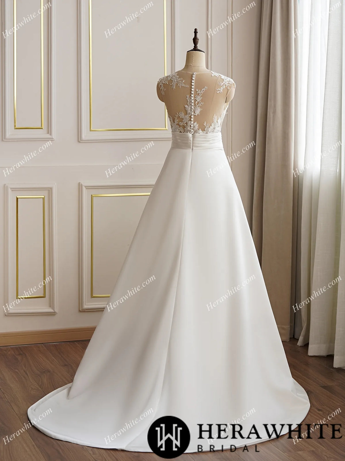 Classic Satin A-line Wedding Dress With Illusion Back