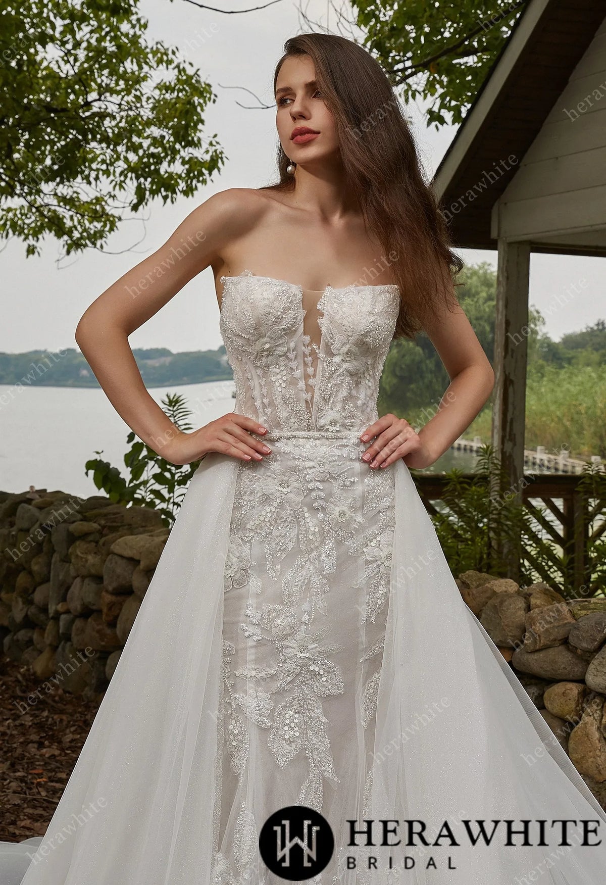 Beaded Sequins Lace And Detachable Overskirt Wedding Dress