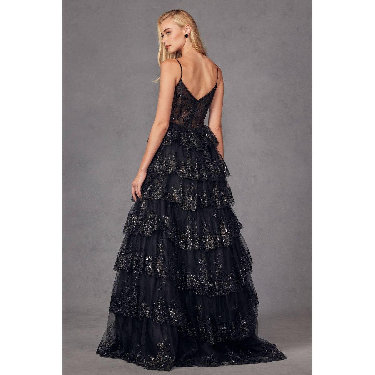RUFFLE TULLE LACE SEQUIN BALL GOWN WITH SHEER CORSET BODICE