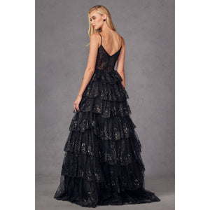 RUFFLE TULLE LACE SEQUIN BALL GOWN WITH SHEER CORSET BODICE