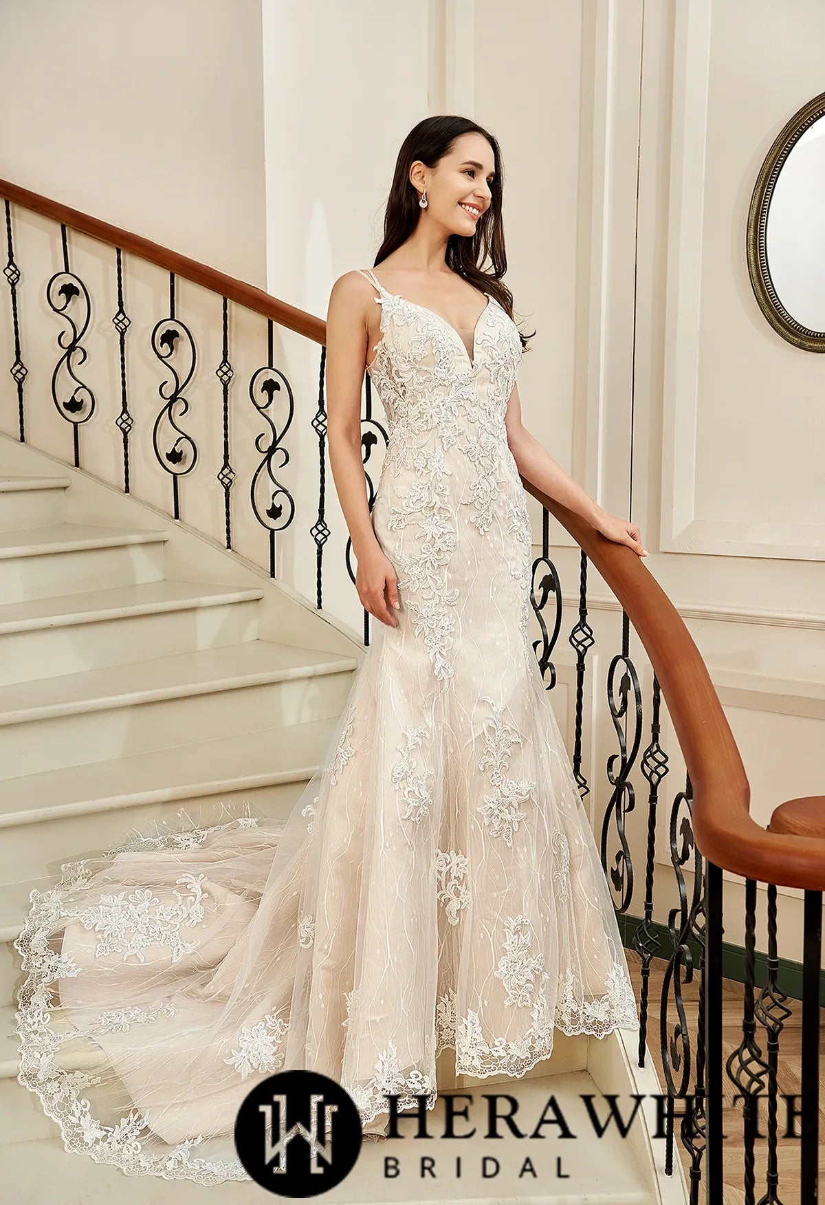 Pink Nude Fit And Flare With Beaded Straps Floral Lace Wedding Dress
