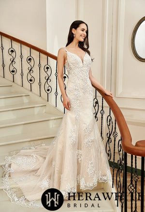Pink Nude Fit And Flare With Beaded Straps Floral Lace Wedding Dress