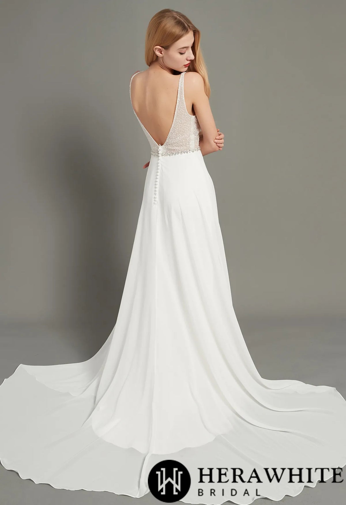 Crystal and beading V Neck Aline Chiffon Wedding Dress