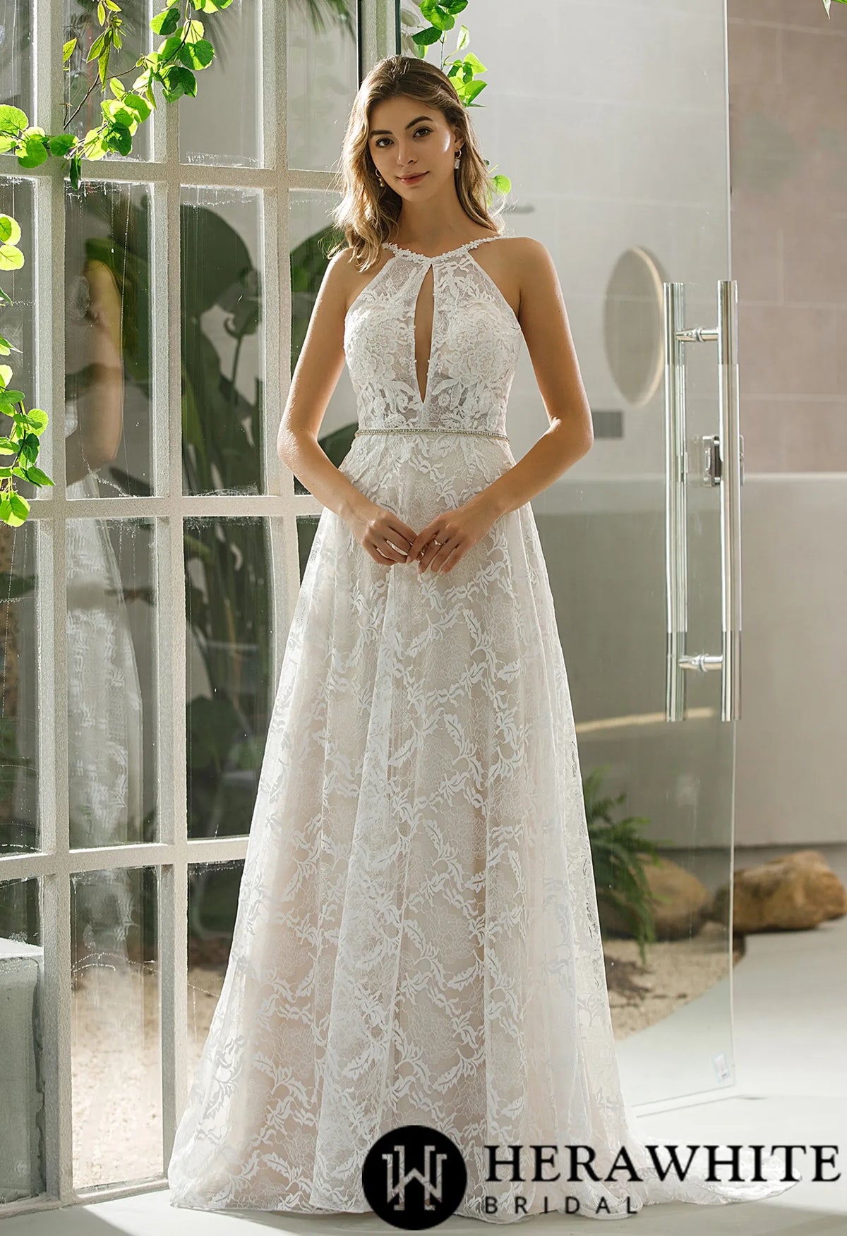 Halter Neckline Lace Bridal Gown With Crisscross Back