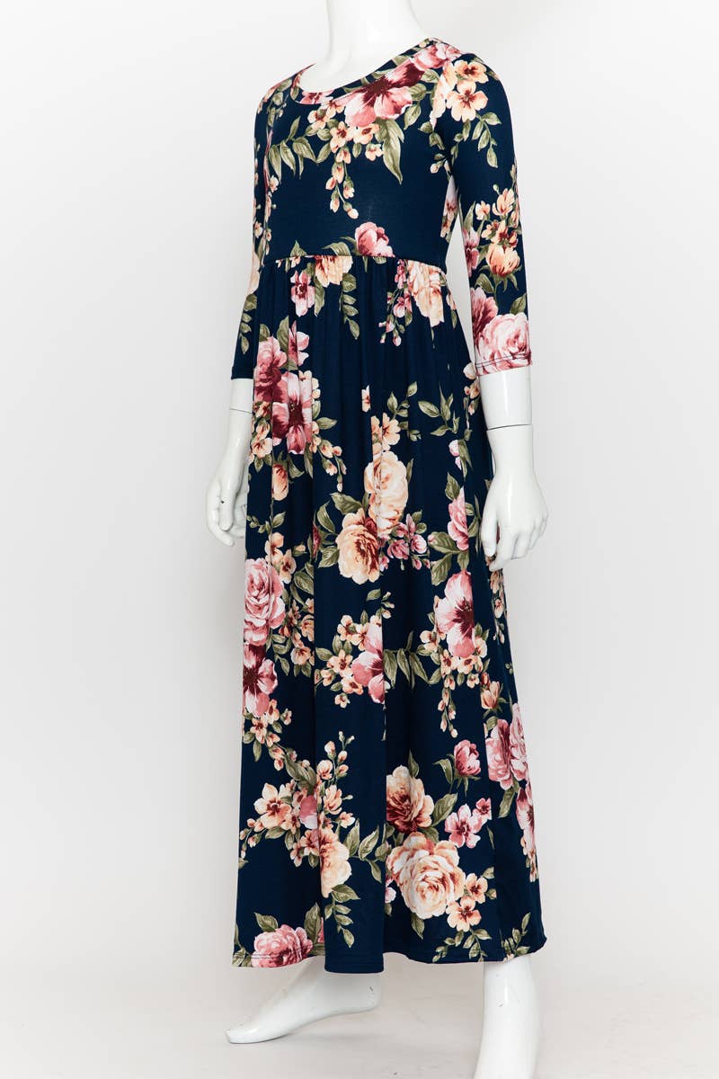 Girls Fit and Flare Floral Maxi Dress: FLORAL NAVY / XL