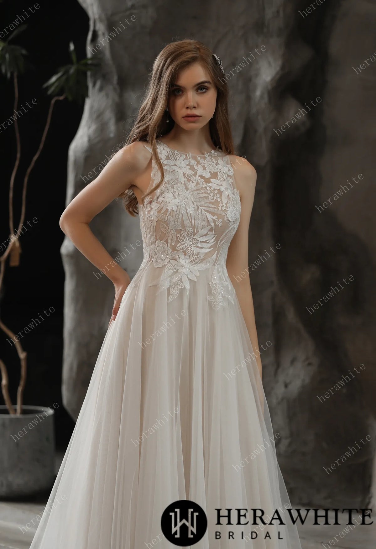 Bateau Neckline A-line Wedding Gown with Sequined Lace
