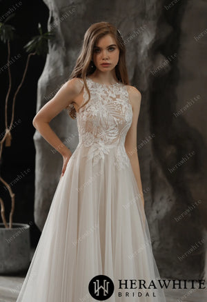 Bateau Neckline A-line Wedding Gown with Sequined Lace