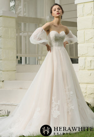 Classic A-Line Strapless Bridal Gown With Detachable Bishop Sleeves