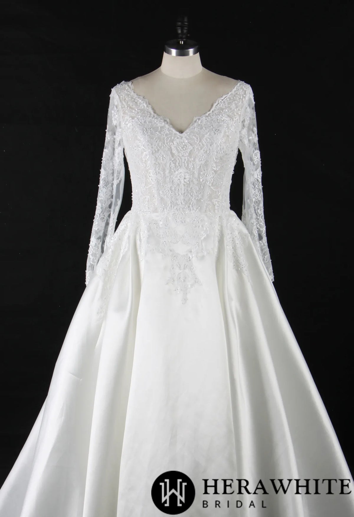 Elegant Long Sleeves Satin Wedding Gown With Lace Keyhole Back