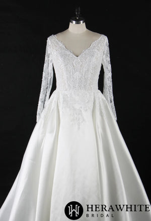 Elegant Long Sleeves Satin Wedding Gown With Lace Keyhole Back