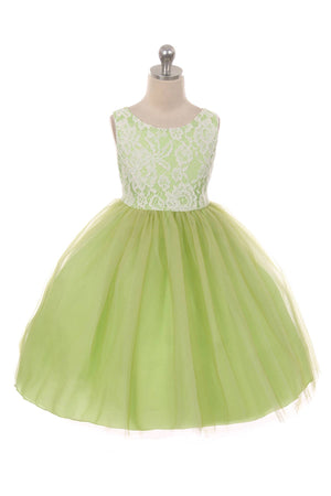 Lace Illusion Girls Dress With/Without 3 Mesh Flowers: No / Aqua / 4