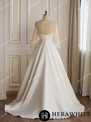 Beaded Sheer Long Sleeve Satin Wedding Dress